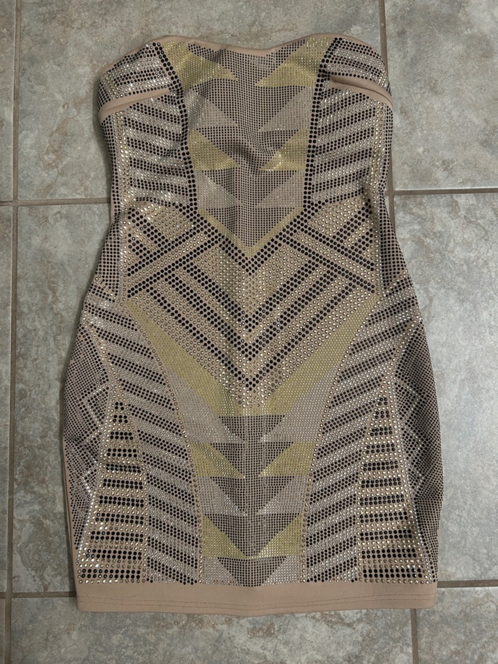 Ruby Rox Strapless Beige and Gold Embellished Bodycon Dress